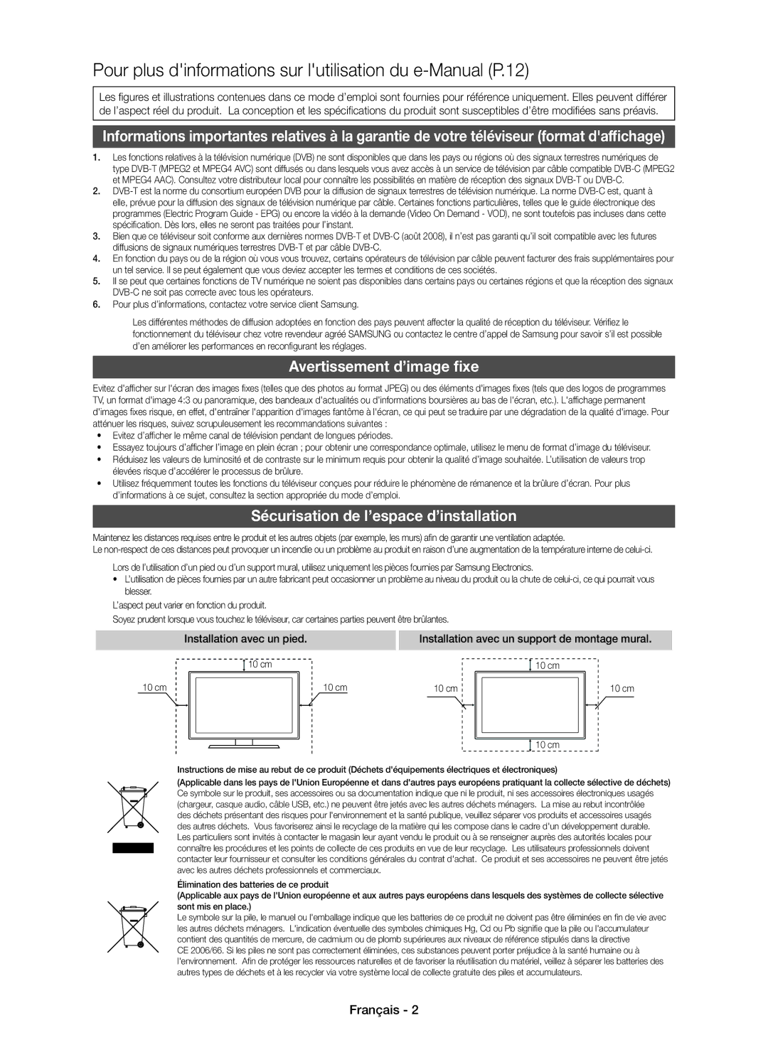 Samsung UE32D4020NWXXH, UE32D4010NWXXC, UE32D4000NWXXC Avertissement d’image fixe, Sécurisation de l’espace d’installation 