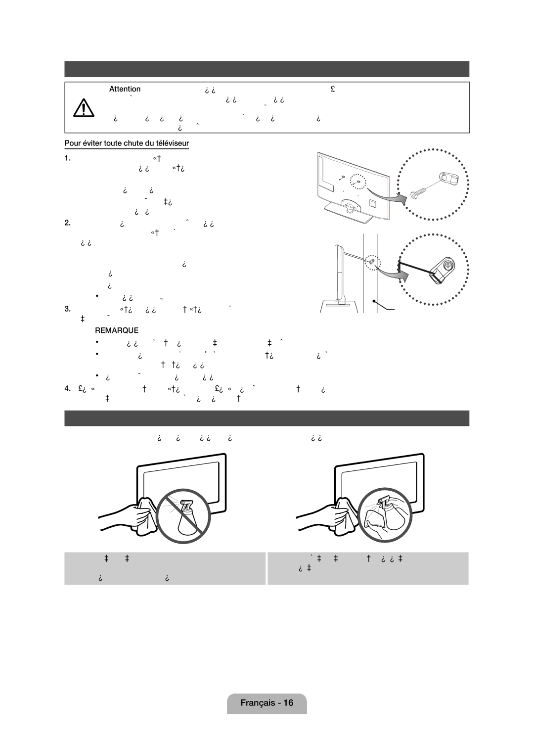 Samsung UE32D4010NWXXC Fixation du téléviseur au mur, Stockage et entretien, Pour éviter toute chute du téléviseur, Mur 