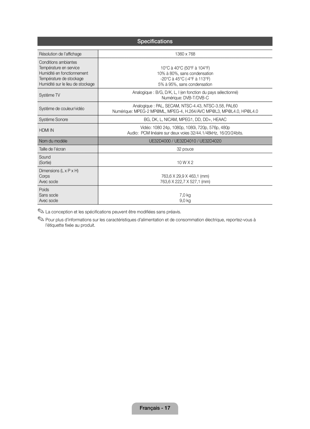 Samsung UE32D4000NWXXC Résolution de l’affichage, Conditions ambiantes Température en service, Humidité en fonctionnement 