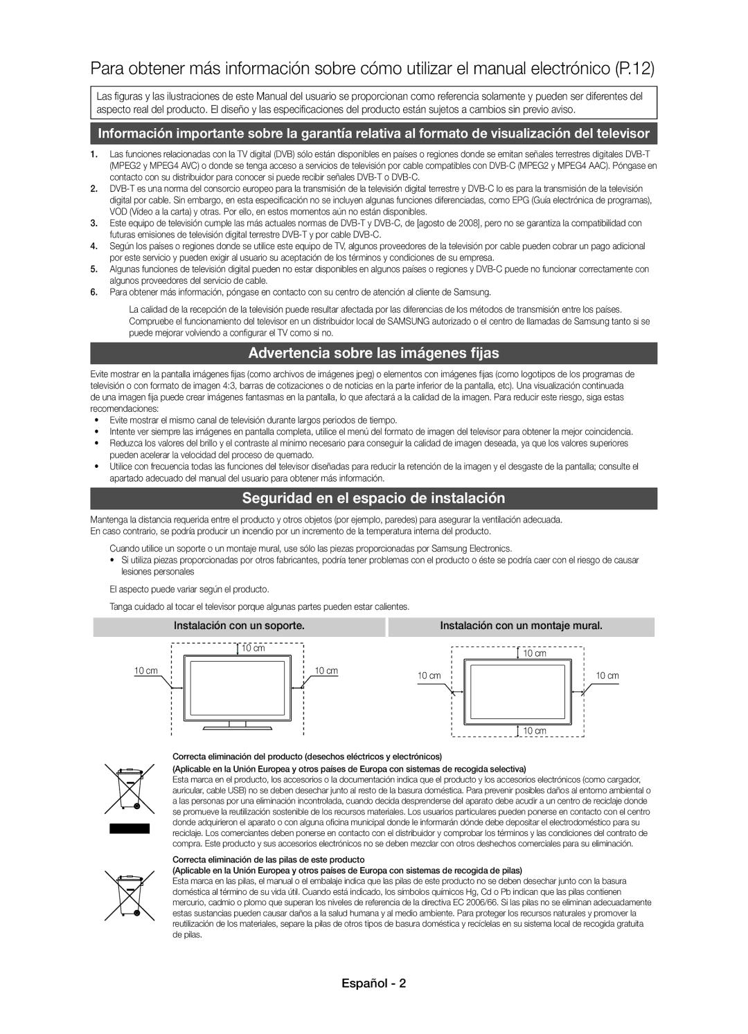 Samsung UE32D4020NWXXH, UE32D4010NWXXC manual Advertencia sobre las imágenes fijas, Seguridad en el espacio de instalación 