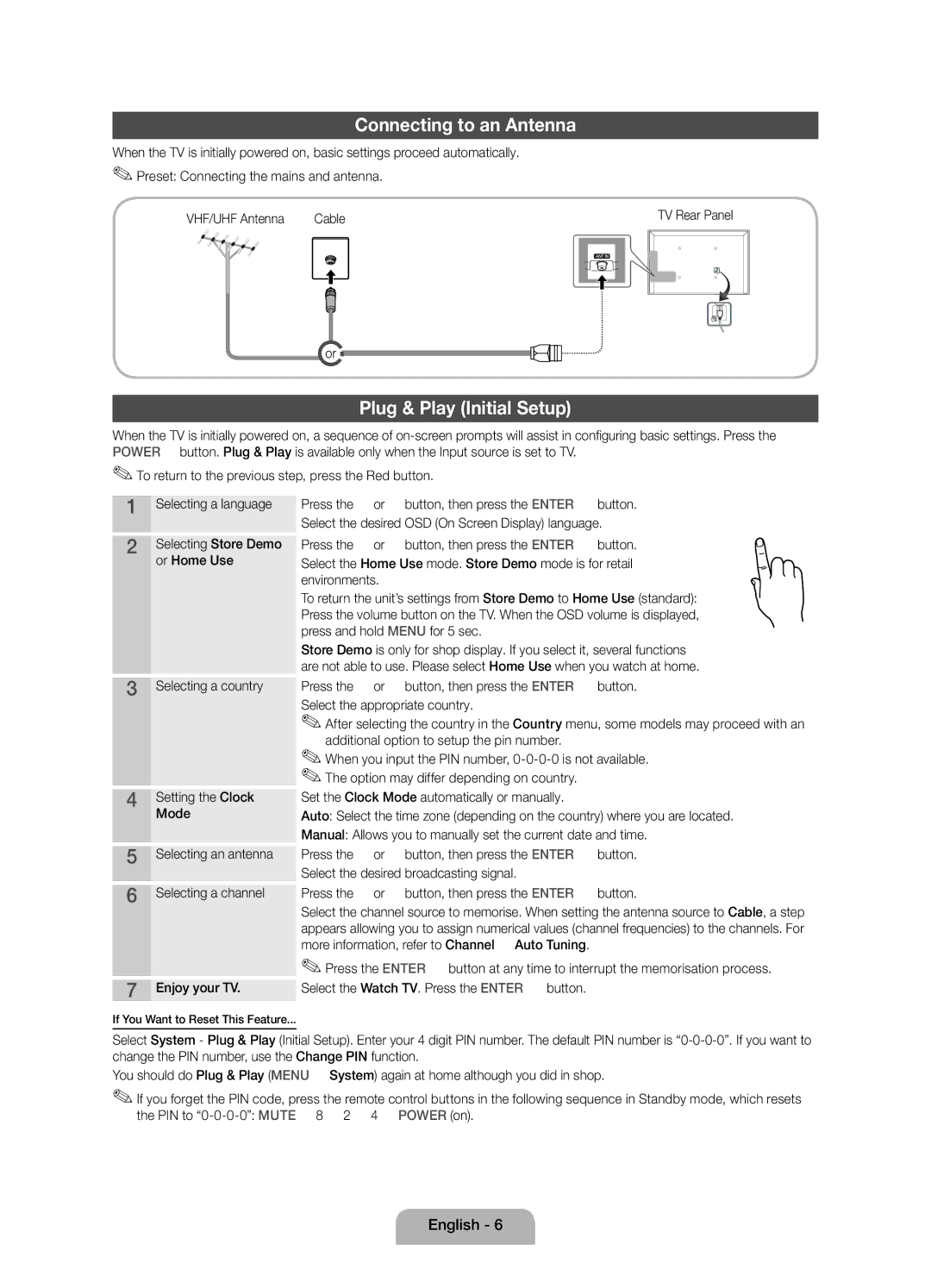 Samsung UE32D4020NWXXH manual Connecting to an Antenna, Plug & Play Initial Setup, Or Home Use, Selecting a country 