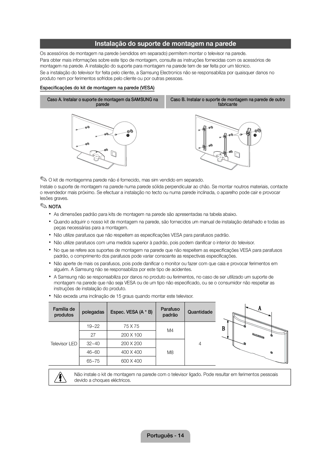 Samsung UE32D4020NWXXH, UE32D4010NWXXC manual Instalação do suporte de montagem na parede, Parafuso Quantidade Produtos 