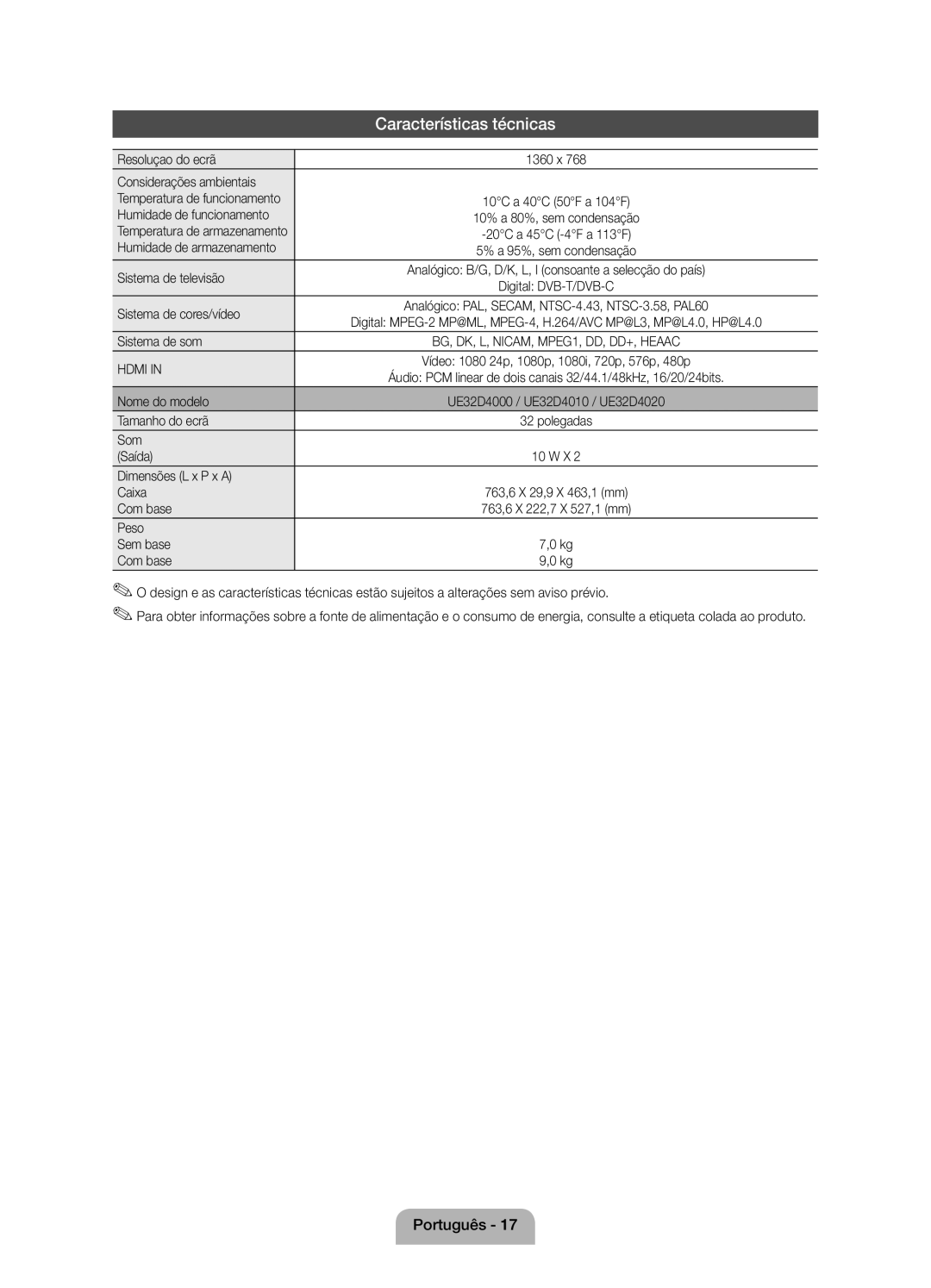 Samsung UE32D4000NWXXC manual Resoluçao do ecrã, Considerações ambientais, Humidade de funcionamento, Sistema de televisão 