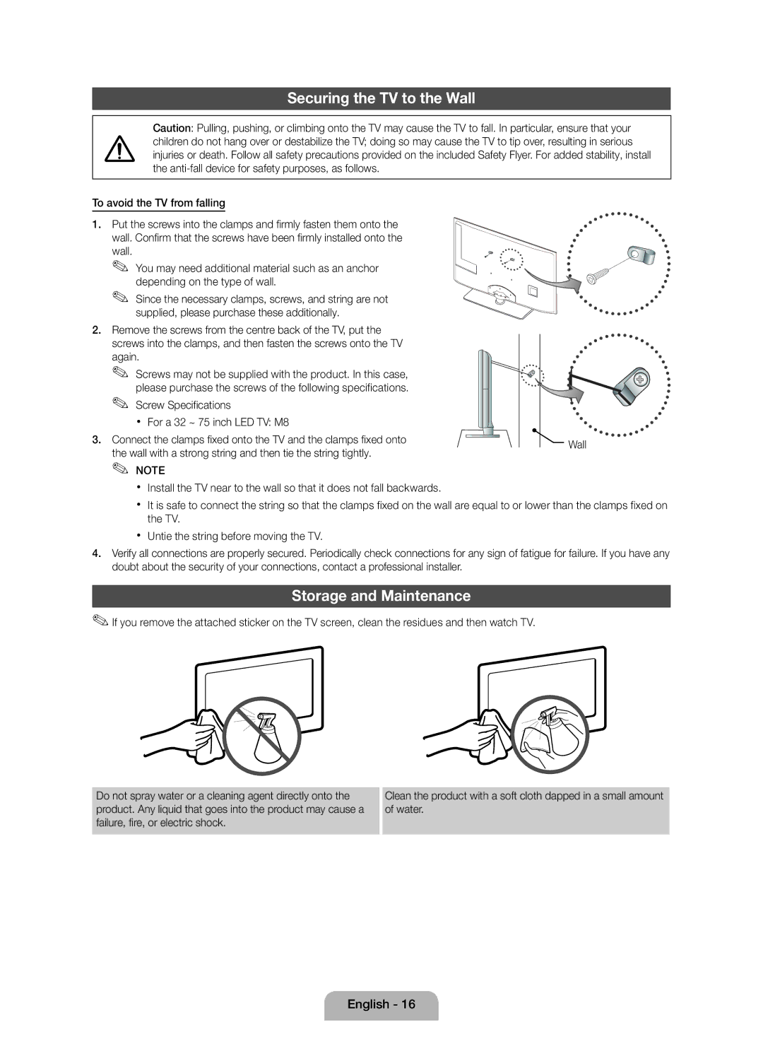 Samsung UE32D4010NWXZG, UE32D4000NWXZG Securing the TV to the Wall, Storage and Maintenance, To avoid the TV from falling 