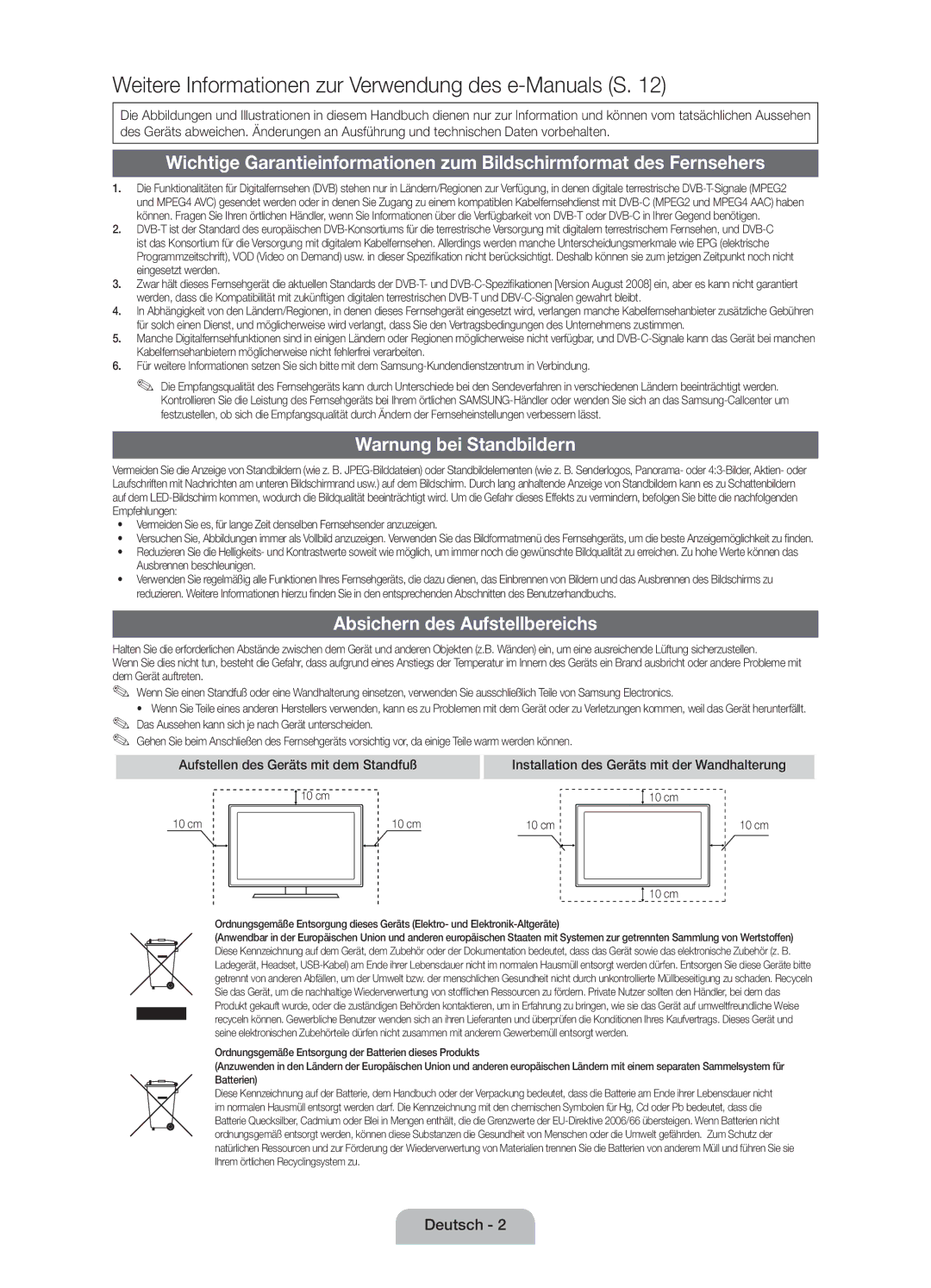 Samsung UE32D4000NWXTK Warnung bei Standbildern, Absichern des Aufstellbereichs, Aufstellen des Geräts mit dem Standfuß 