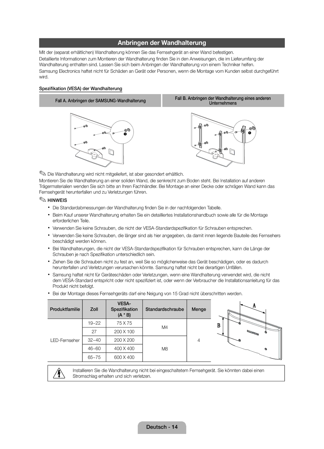 Samsung UE32D4020NWXZT, UE32D4010NWXZG manual Anbringen der Wandhalterung, Produktfamilie Zoll, Menge, Spezifikation 