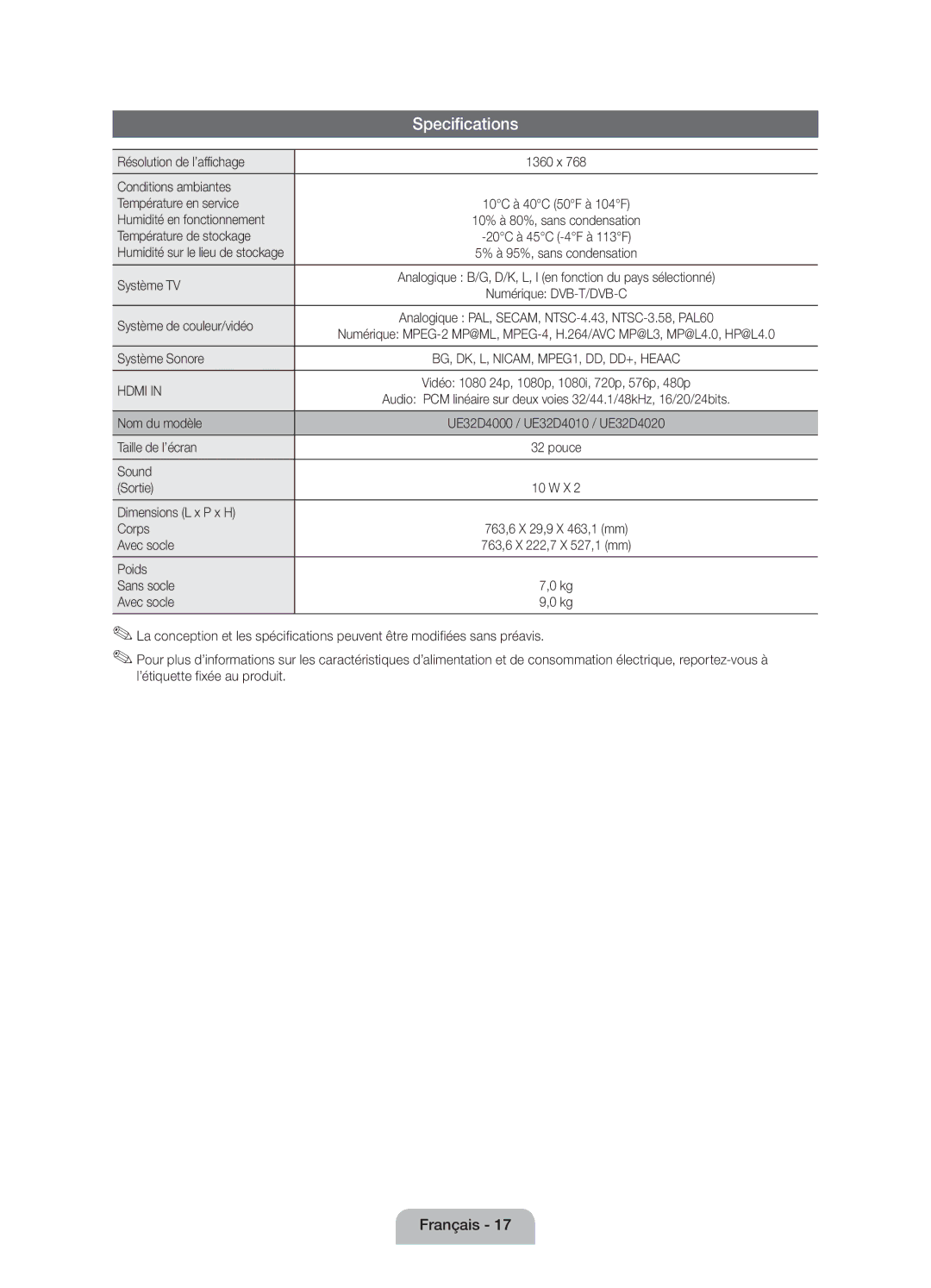 Samsung UE32D4000NWXZG Résolution de l’affichage, Conditions ambiantes Température en service, Humidité en fonctionnement 