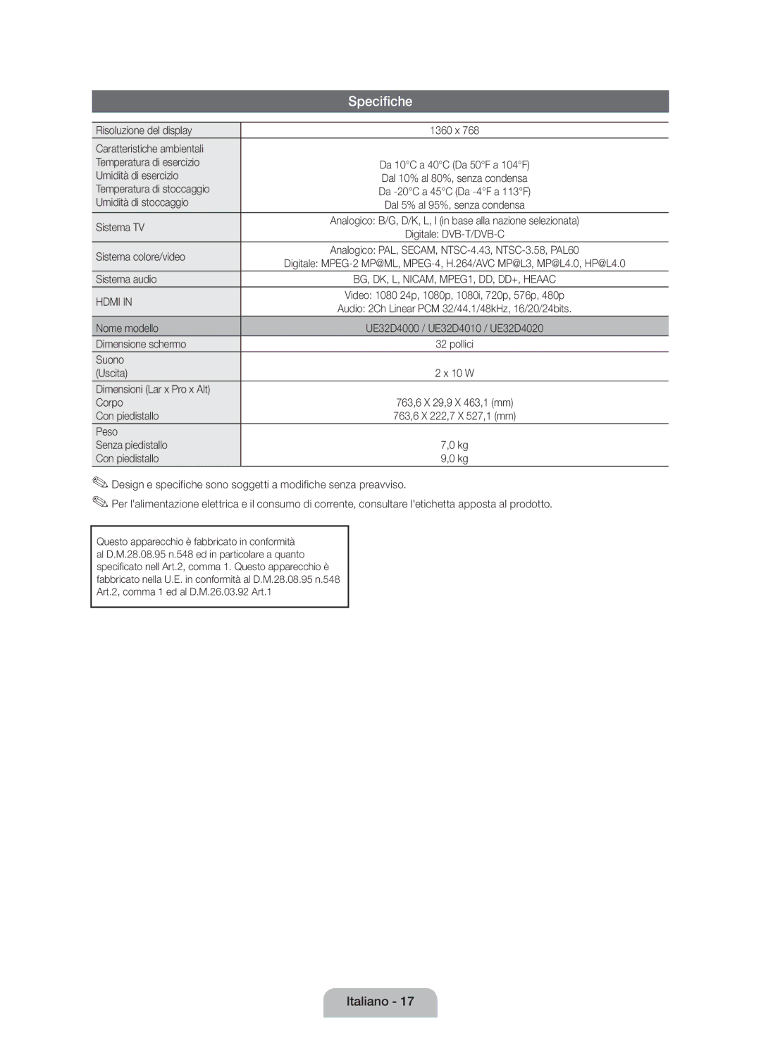 Samsung UE32D4000NWXZG Risoluzione del display, Caratteristiche ambientali Temperatura di esercizio, Umidità di esercizio 