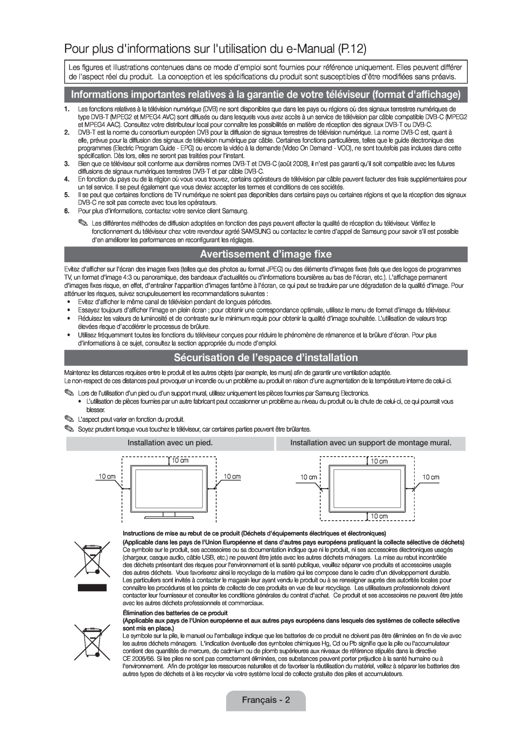 Samsung UE32D4000NWXTK manual Pour plus dinformations sur lutilisation du e-Manual P.12, Avertissement d’image fixe 