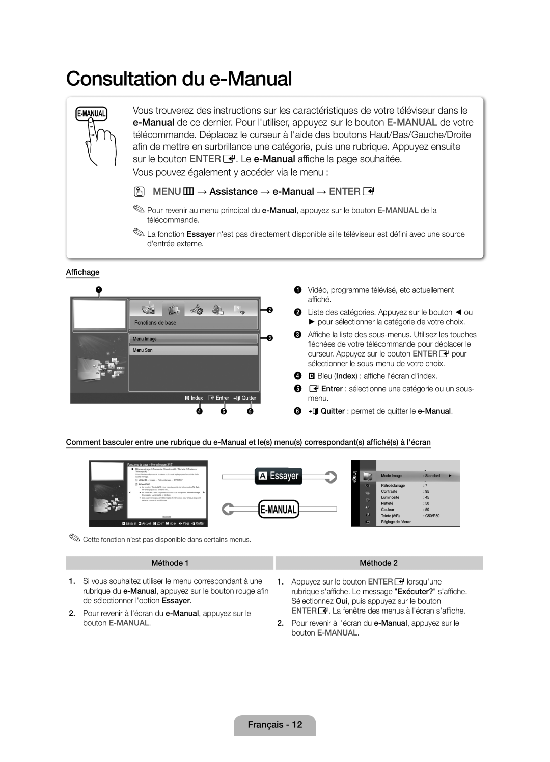 Samsung UE32D4000NWXXN Consultation du e-Manual, aEssayer, sur le bouton ENTER E. Le e-Manual affiche la page souhaitée 