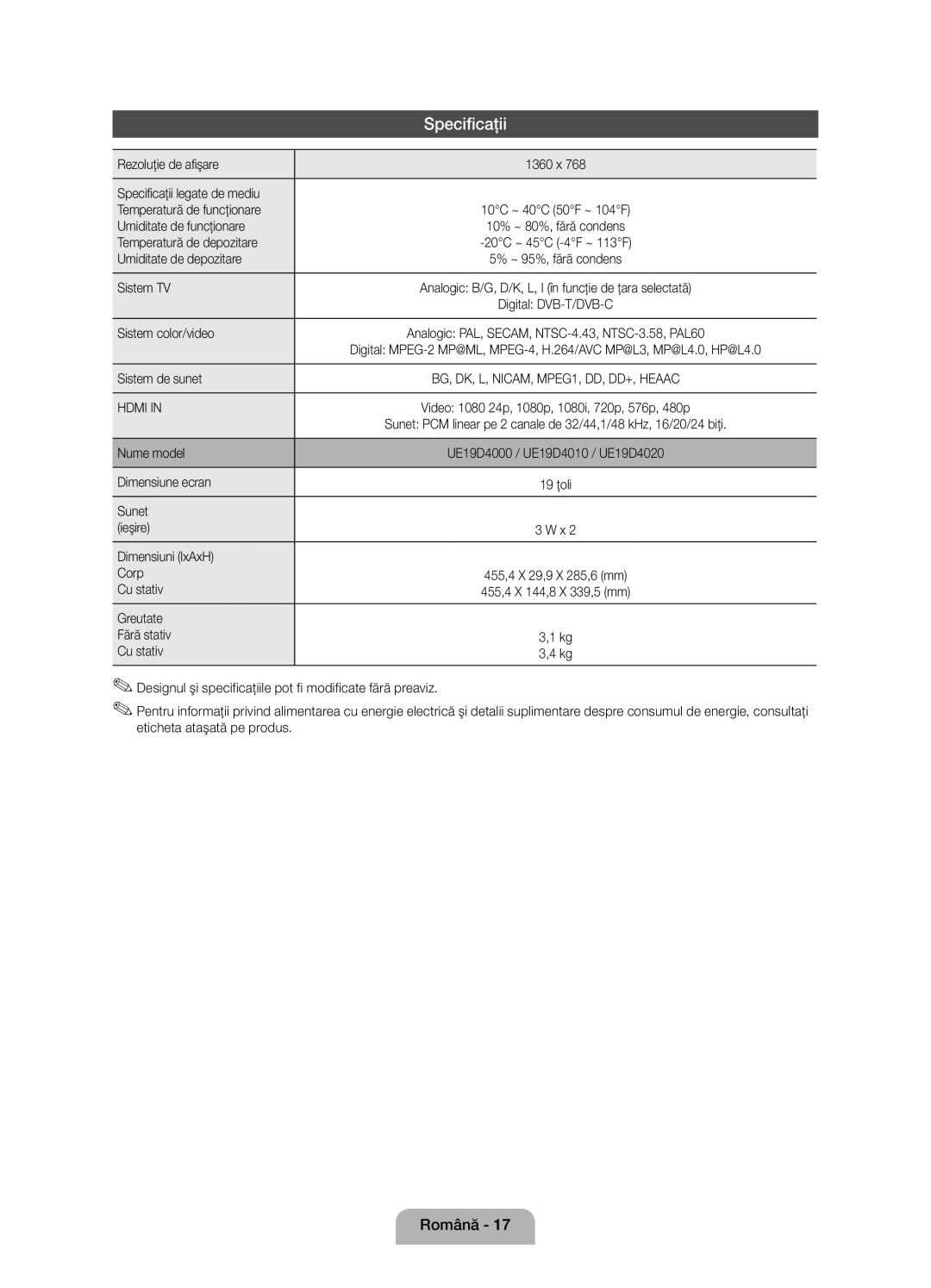 Samsung UE32D4020NWXBT, UE32D4020NWXXH, UE19D4010NWXBT, UE19D4000NWXXH, UE19D4000NWXBT manual Specificaţii 