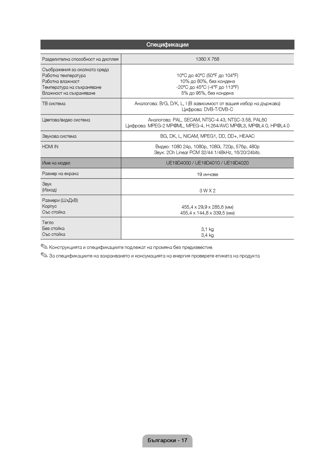 Samsung UE32D4020NWXXH, UE19D4010NWXBT, UE19D4000NWXXH, UE19D4000NWXBT, UE32D4020NWXBT manual Спецификации 