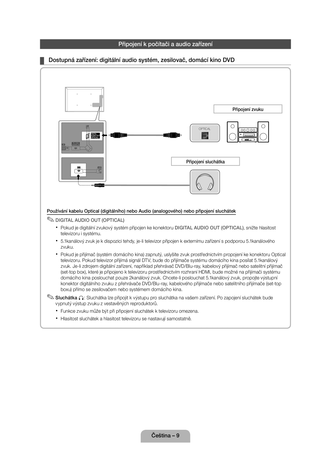 Samsung UE32D4020NWXXH, UE19D4010NWXBT, UE19D4000NWXXH manual Připojení k počítači a audio zařízení, Připojení zvuku 