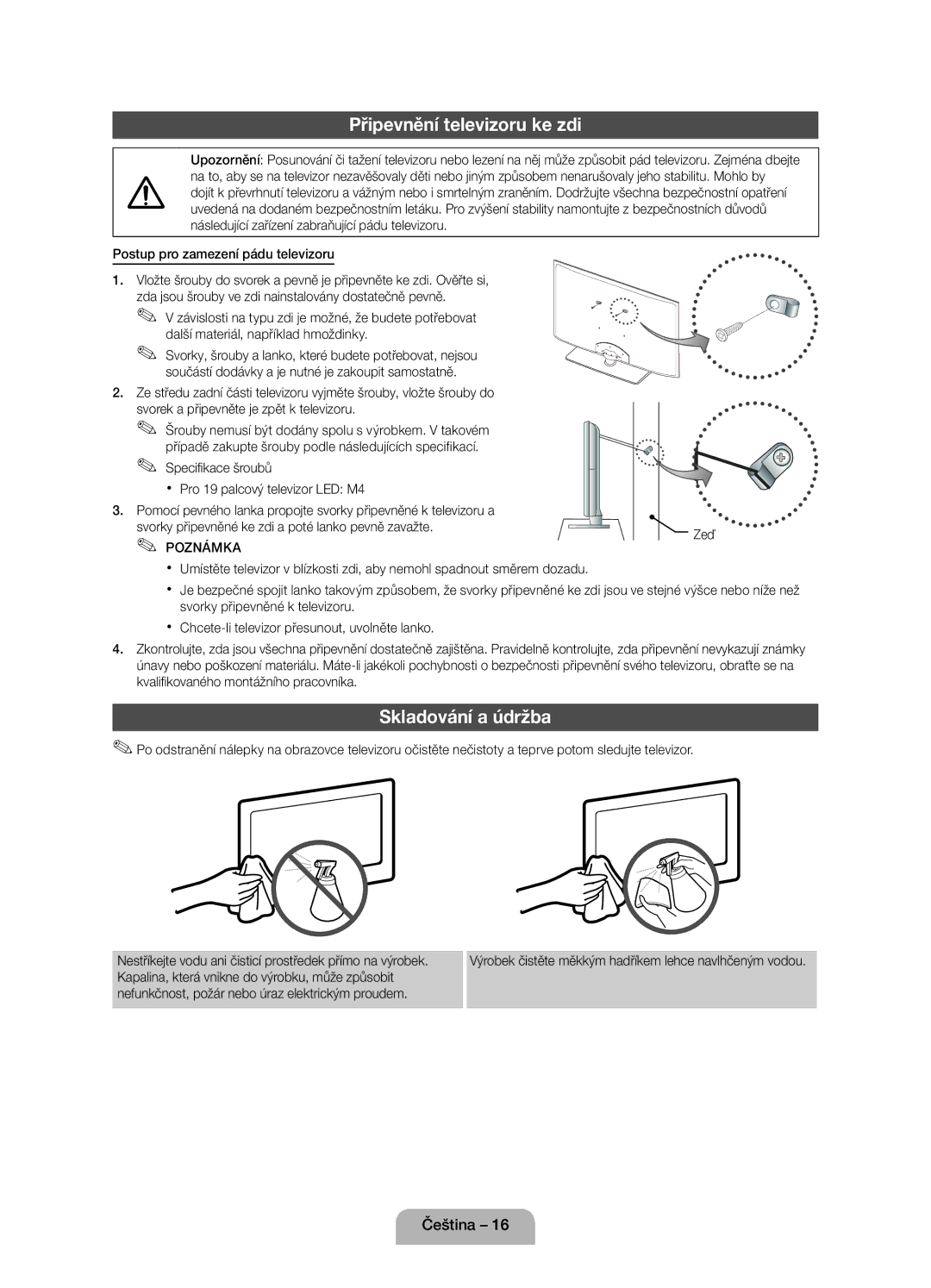 Samsung UE19D4000NWXXH manual Připevnění televizoru ke zdi, Skladování a údržba, Další materiál, například hmoždinky 