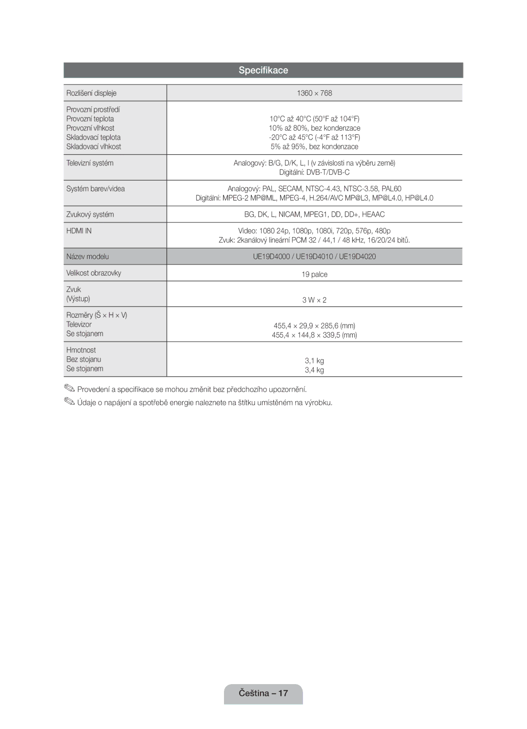 Samsung UE19D4000NWXBT, UE32D4020NWXXH, UE19D4010NWXBT, UE19D4000NWXXH, UE32D4020NWXBT manual Specifikace 