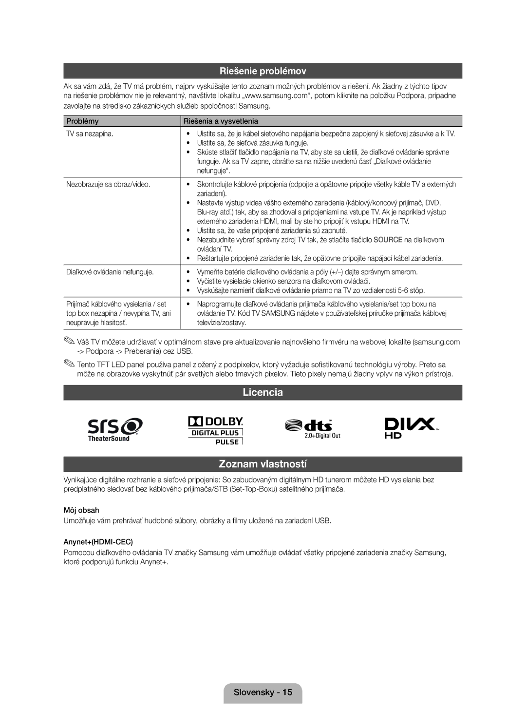 Samsung UE19D4000NWXXH, UE32D4020NWXXH, UE19D4010NWXBT, UE19D4000NWXBT, UE32D4020NWXBT manual Licencia Zoznam vlastností 