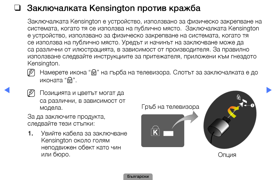 Samsung UE32D4010NWXBT, UE32D5000PWXBT, UE22D5010NWXBT, UE19D4010NWXBT, UE37D5000PWXBT Заключалката Kensington против кражба 