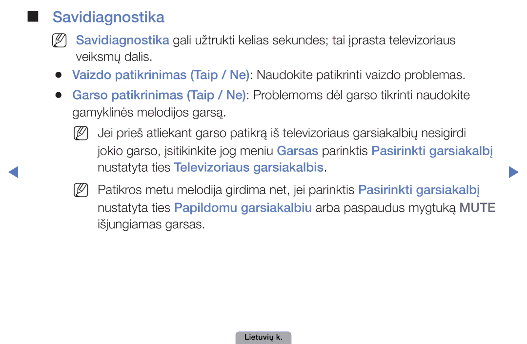 Samsung UE22D5010NWXBT, UE32D5000PWXBT, UE37D5000PWXBT manual Savidiagnostika, Nustatyta ties Televizoriaus garsiakalbis 