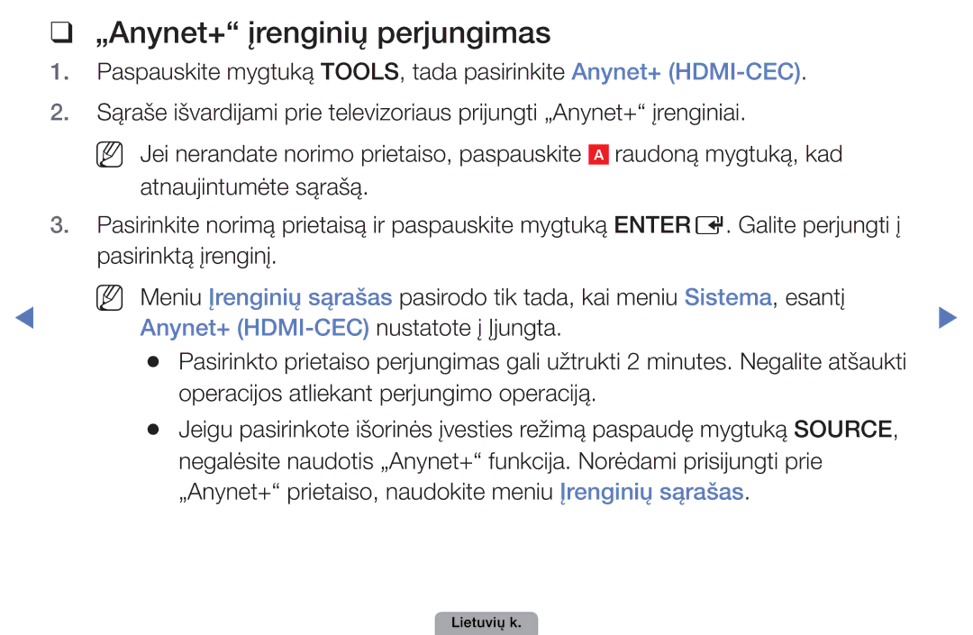 Samsung UE32D5000PWXBT, UE22D5010NWXBT, UE37D5000PWXBT, UE27D5000NWXBT, UE19D4000NWXBT manual „Anynet+ įrenginių perjungimas 