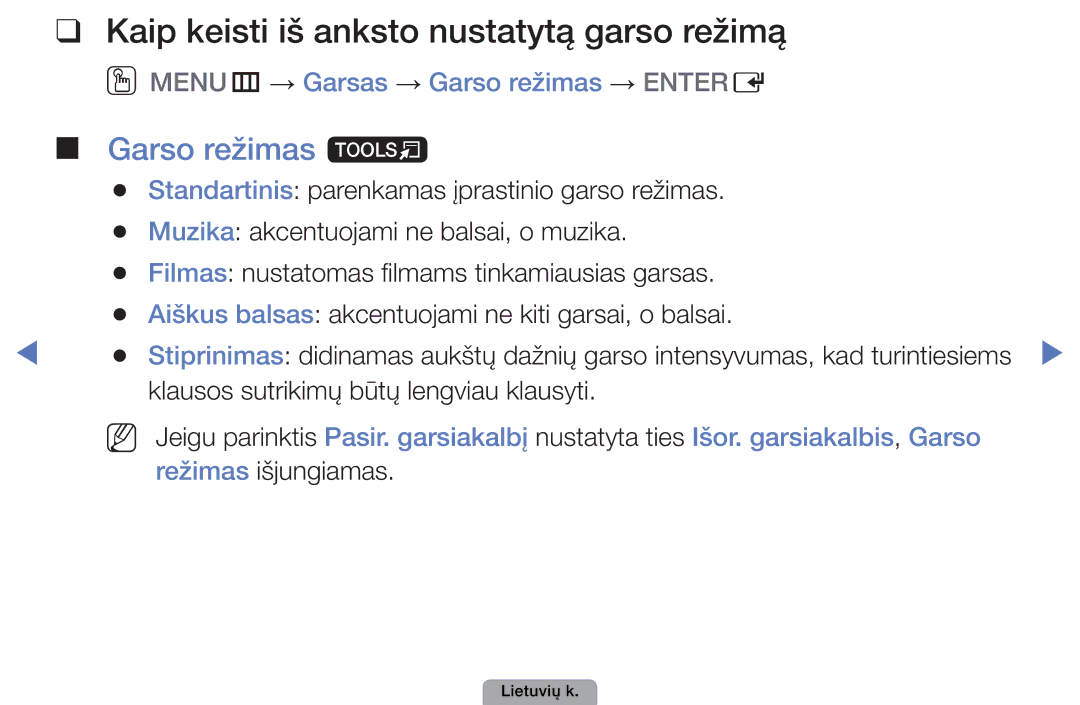 Samsung UE40D5000PWXBT, UE32D5000PWXBT, UE22D5010NWXBT manual Kaip keisti iš anksto nustatytą garso režimą, Garso režimas t 