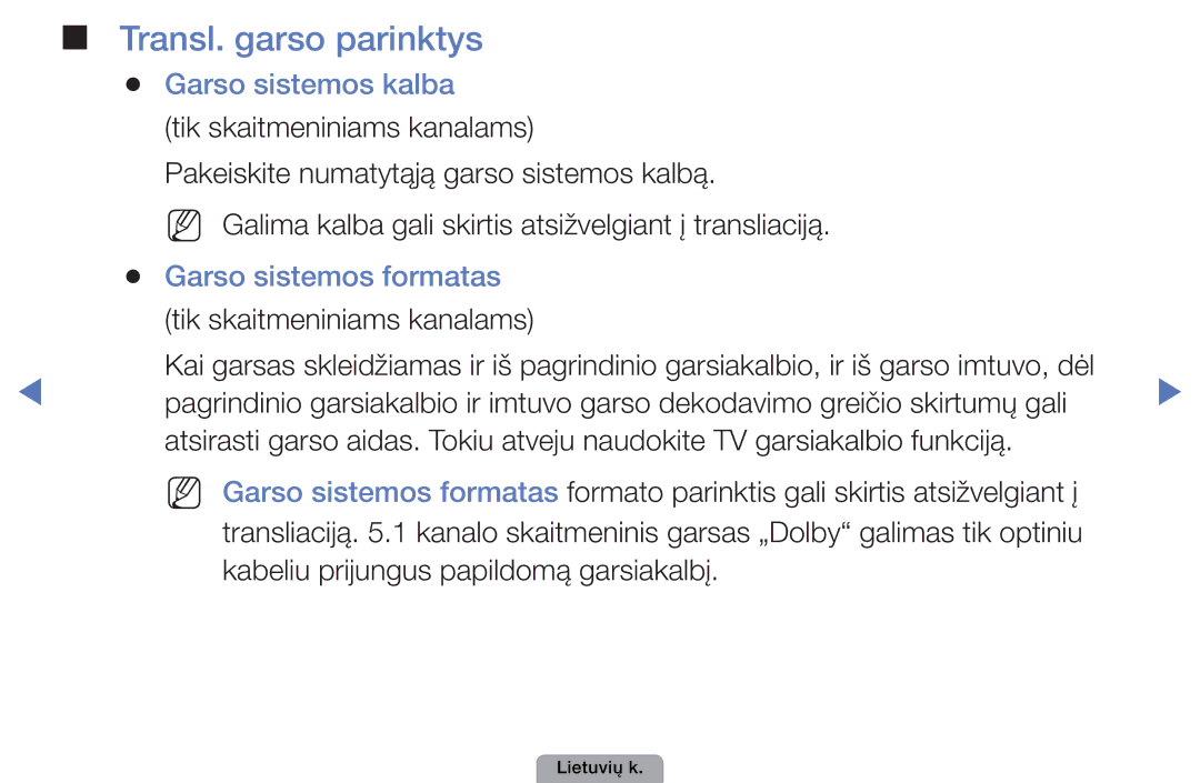 Samsung UE32D4010NWXBT, UE32D5000PWXBT manual Transl. garso parinktys, Garso sistemos kalba, Garso sistemos formatas 