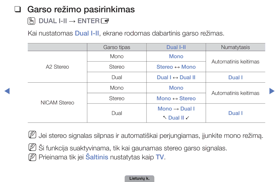 Samsung UE22D5000NWXBT, UE32D5000PWXBT, UE22D5010NWXBT, UE37D5000PWXBT manual Garso režimo pasirinkimas, Oodual I-II → Entere 