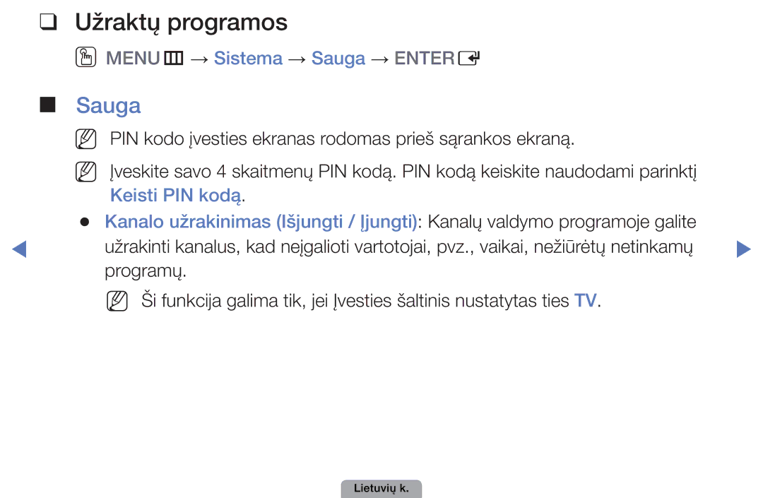 Samsung UE27D5000NWXBT, UE32D5000PWXBT, UE22D5010NWXBT manual Užraktų programos, OOMENUm → Sistema → Sauga → Entere 