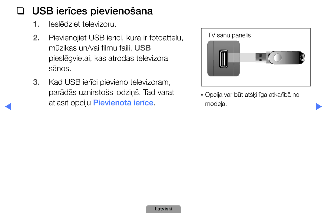 Samsung UE32D4010NWXBT, UE32D5000PWXBT, UE22D5010NWXBT, UE37D5000PWXBT, UE27D5000NWXBT manual USB ierīces pievienošana 