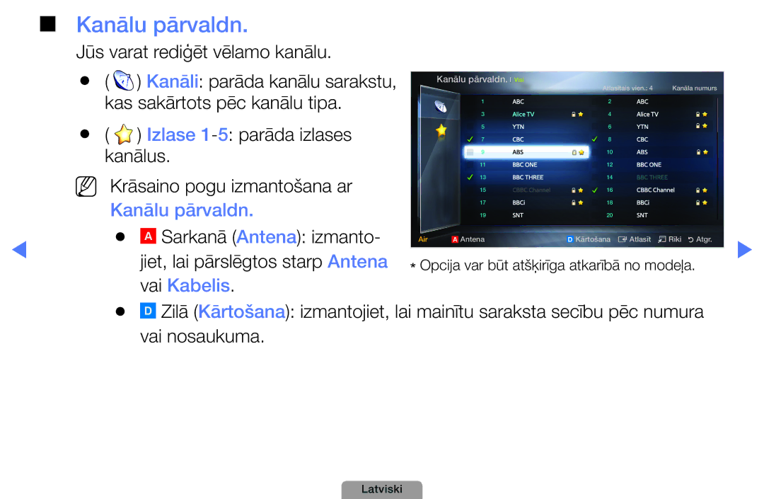 Samsung UE27D5000NWXBT, UE32D5000PWXBT, UE22D5010NWXBT, UE37D5000PWXBT, UE19D4000NWXBT manual Kanālu pārvaldn, Vai Kabelis 