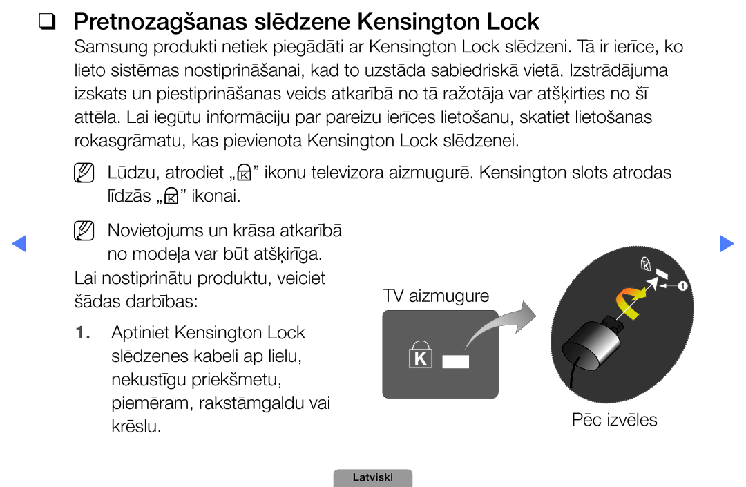 Samsung UE22D5000NWXBT, UE32D5000PWXBT, UE22D5010NWXBT, UE37D5000PWXBT manual Pretnozagšanas slēdzene Kensington Lock, Krēslu 