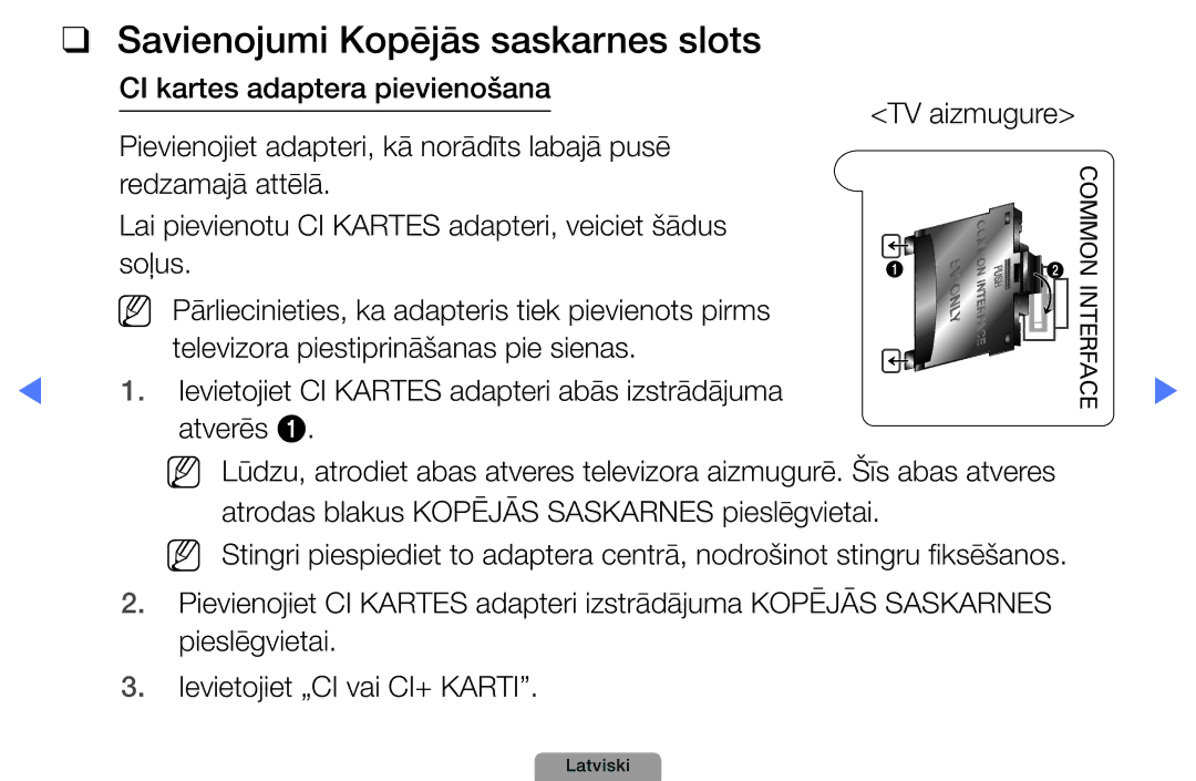 Samsung UE32D4010NWXBT, UE32D5000PWXBT, UE22D5010NWXBT, UE37D5000PWXBT, UE27D5000NWXBT Savienojumi Kopējās saskarnes slots 