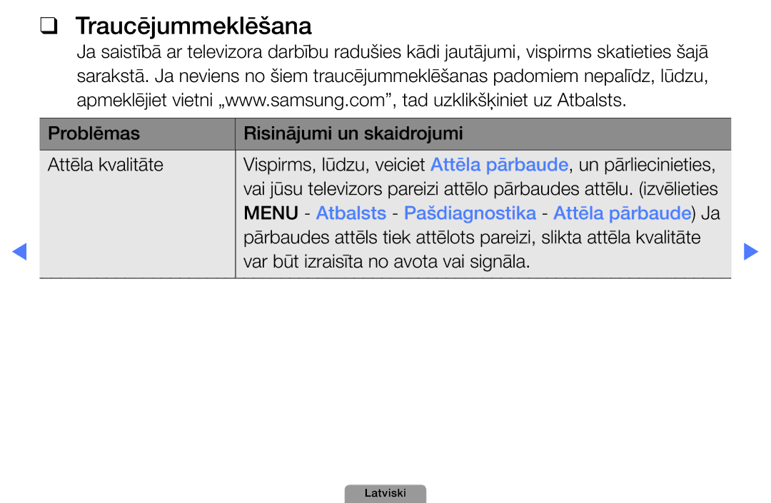 Samsung UE37D5000PWXBT, UE32D5000PWXBT manual Traucējummeklēšana, Problēmas Risinājumi un skaidrojumi Attēla kvalitāte 