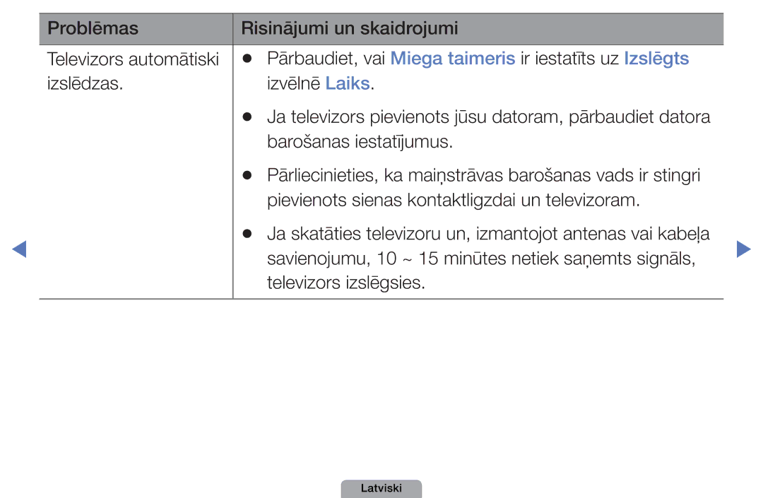 Samsung UE32D4010NWXBT Barošanas iestatījumus, Savienojumu, 10 ~ 15 minūtes netiek saņemts signāls, Televizors izslēgsies 