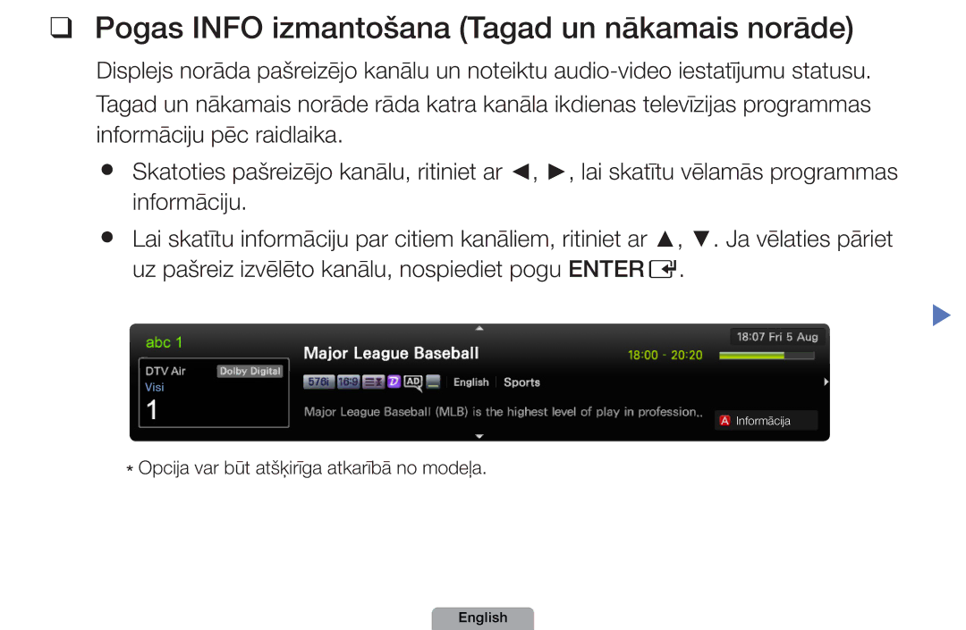 Samsung UE27D5000NWXBT, UE32D5000PWXBT, UE22D5010NWXBT, UE37D5000PWXBT manual Pogas Info izmantošana Tagad un nākamais norāde 