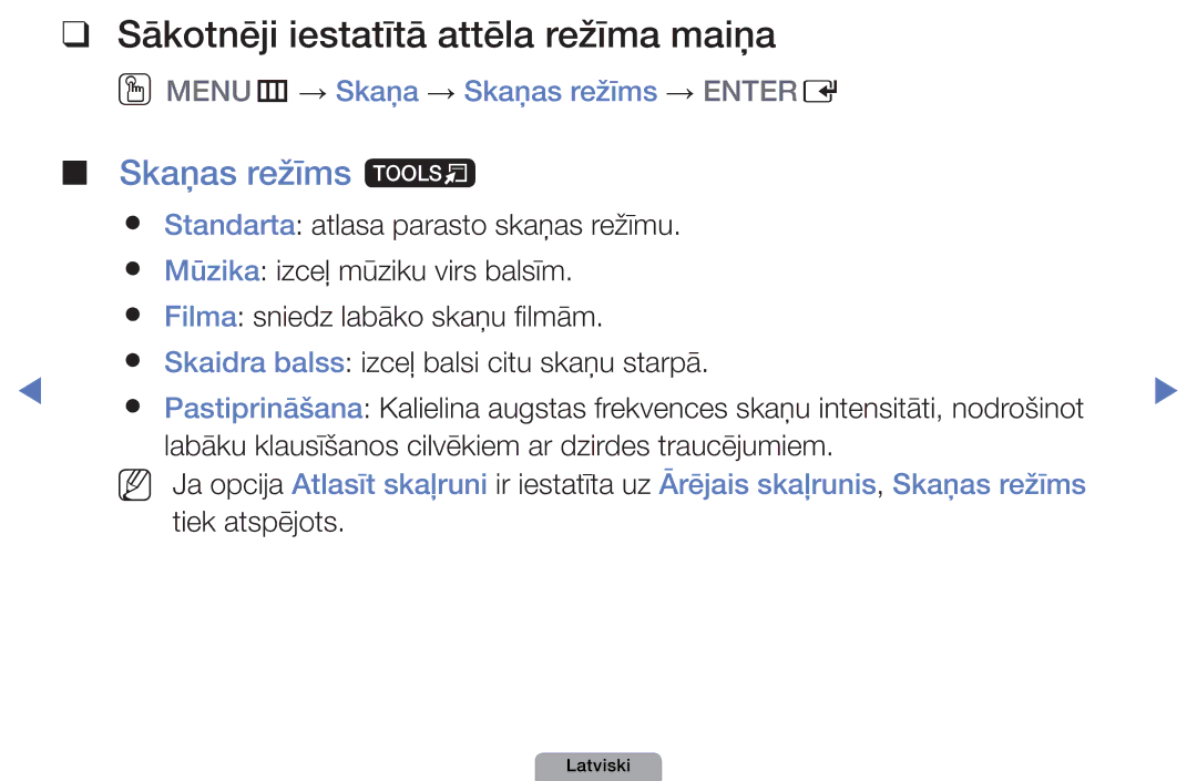 Samsung UE40D5000PWXBT, UE32D5000PWXBT, UE22D5010NWXBT manual Skaņas režīms t, OOMENUm → Skaņa → Skaņas režīms → Entere 
