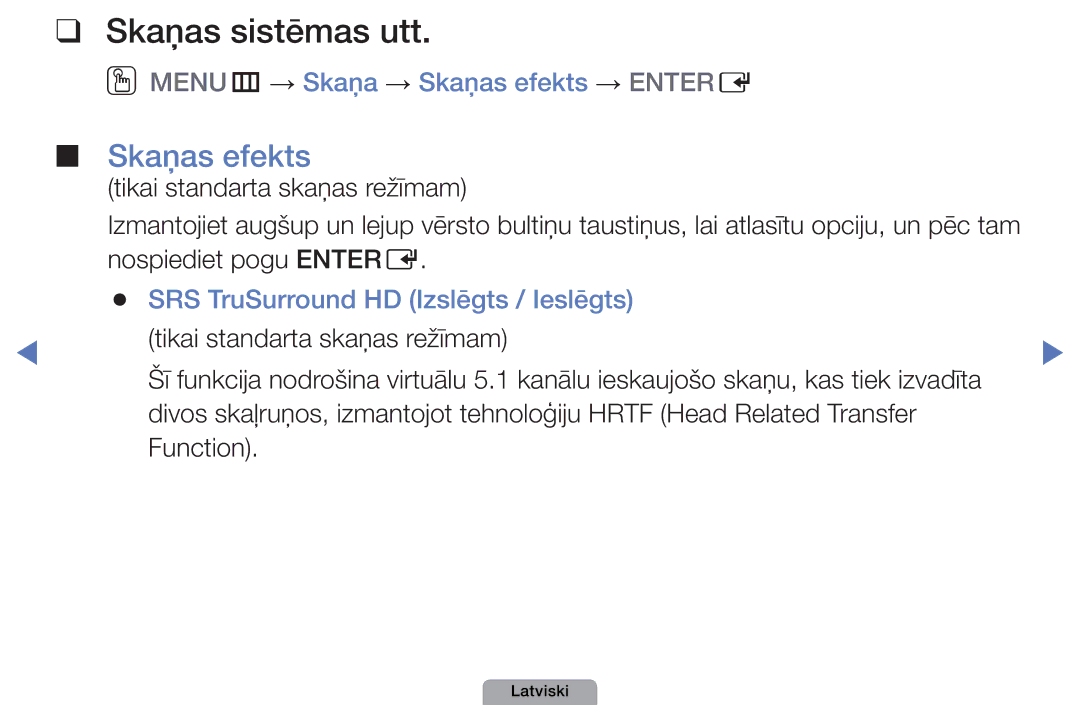 Samsung UE22D5000NWXBT, UE32D5000PWXBT, UE22D5010NWXBT Skaņas sistēmas utt, OOMENUm → Skaņa → Skaņas efekts → Entere 