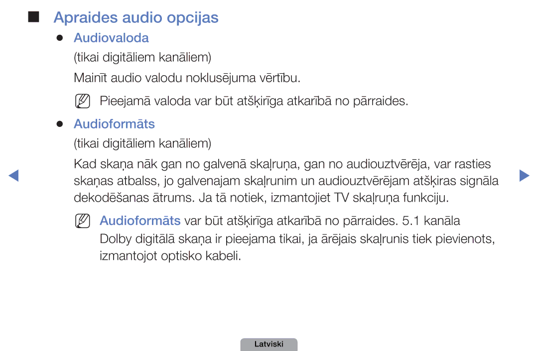 Samsung UE32D4010NWXBT, UE32D5000PWXBT manual Apraides audio opcijas, Audiovaloda, Audioformāts, Izmantojot optisko kabeli 