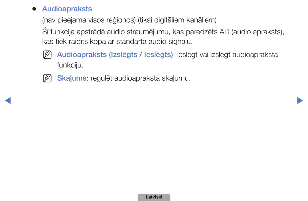 Samsung UE32D5000PWXBT, UE22D5010NWXBT, UE37D5000PWXBT manual Audioapraksts, Funkciju Skaļums regulēt audioapraksta skaļumu 