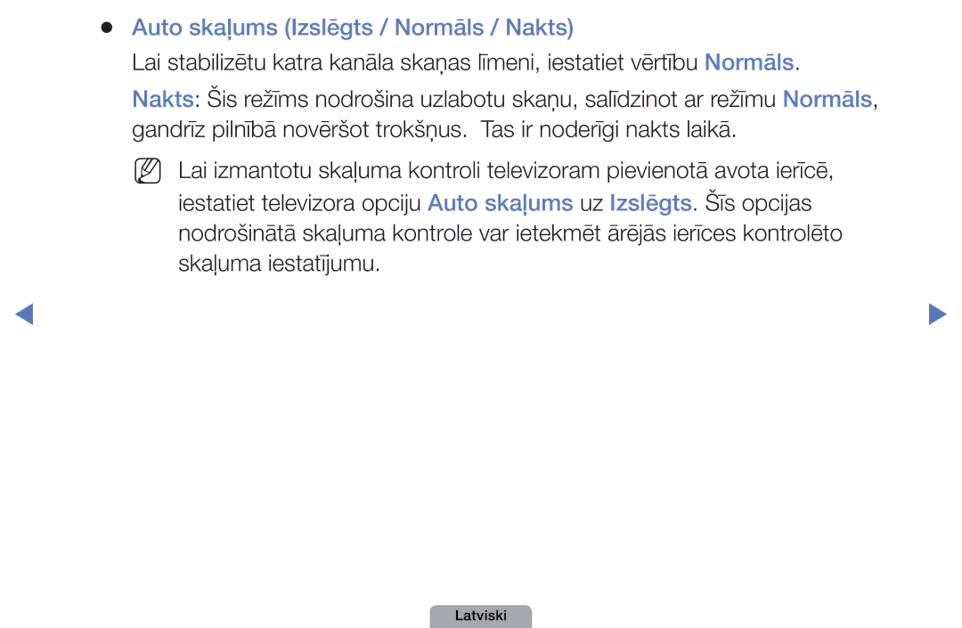 Samsung UE32D4000NWXBT, UE32D5000PWXBT, UE22D5010NWXBT, UE37D5000PWXBT manual Auto skaļums Izslēgts / Normāls / Nakts 