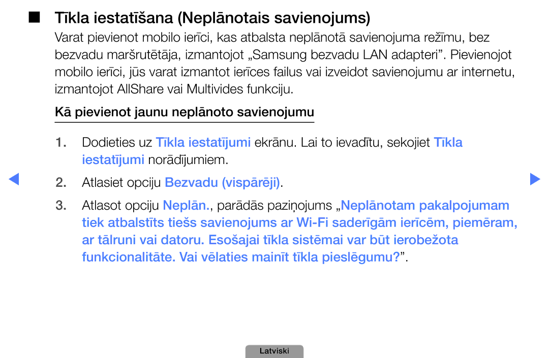 Samsung UE27D5000NWXBT, UE32D5000PWXBT, UE22D5010NWXBT, UE37D5000PWXBT manual Tīkla iestatīšana Neplānotais savienojums 