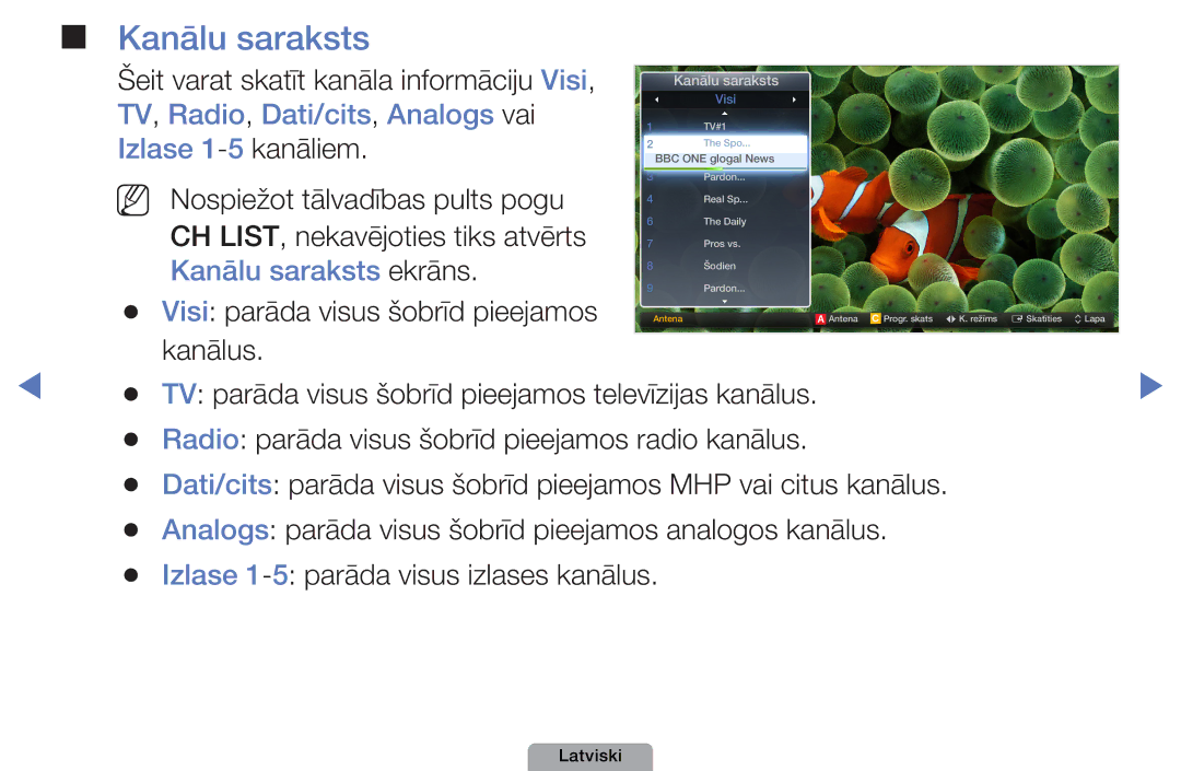 Samsung UE32D4010NWXBT, UE32D5000PWXBT TV, Radio, Dati/cits, Analogs vai, Izlase 1-5 kanāliem, Kanālu saraksts ekrāns 