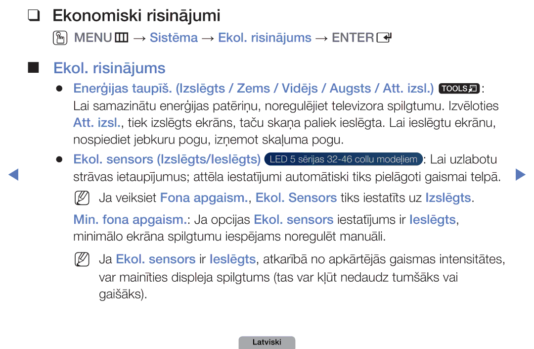 Samsung UE22D5000NWXBT, UE32D5000PWXBT manual Ekonomiski risinājumi, OOMENUm → Sistēma → Ekol. risinājums → Entere 