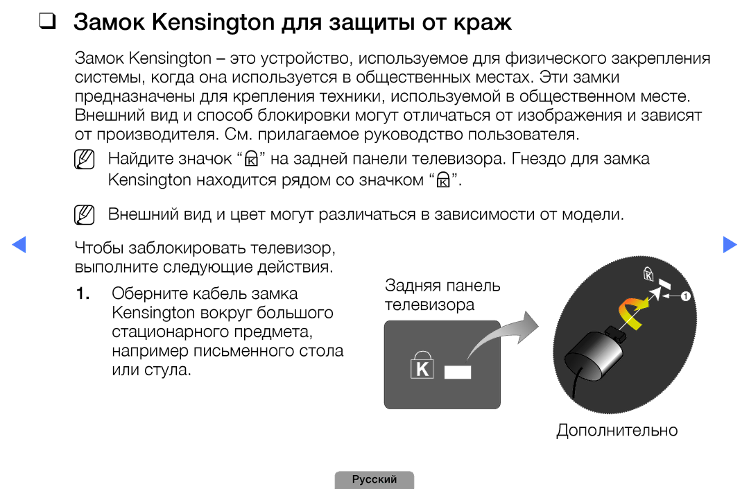 Samsung UE32D4010NWXRU, UE32D5000PWXBT, UE22D5010NWXBT, UE37D5000PWXBT, UE27D5000NWXBT Замок Kensington для защиты от краж 