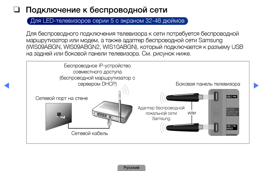 Samsung UE22D5010NWXRU manual Подключение к беспроводной сети, На задней или боковой панели телевизора. См. рисунок ниже 