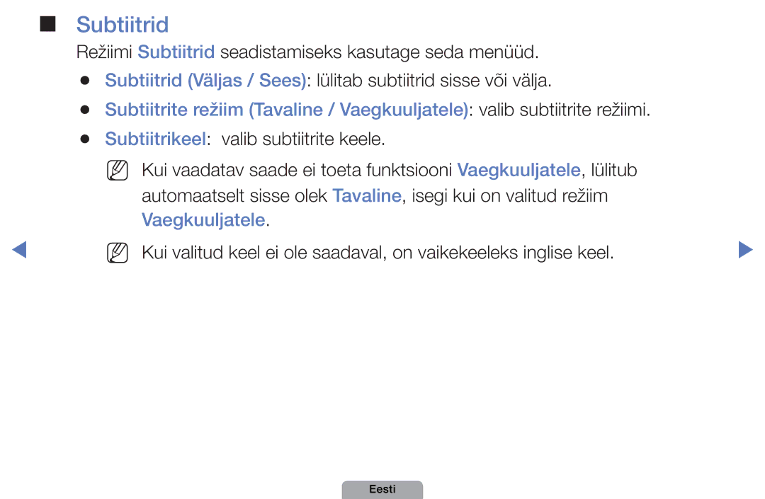 Samsung UE22D5010NWXBT, UE32D5000PWXBT, UE37D5000PWXBT, UE27D5000NWXBT, UE19D4000NWXBT manual Subtiitrid, Vaegkuuljatele 