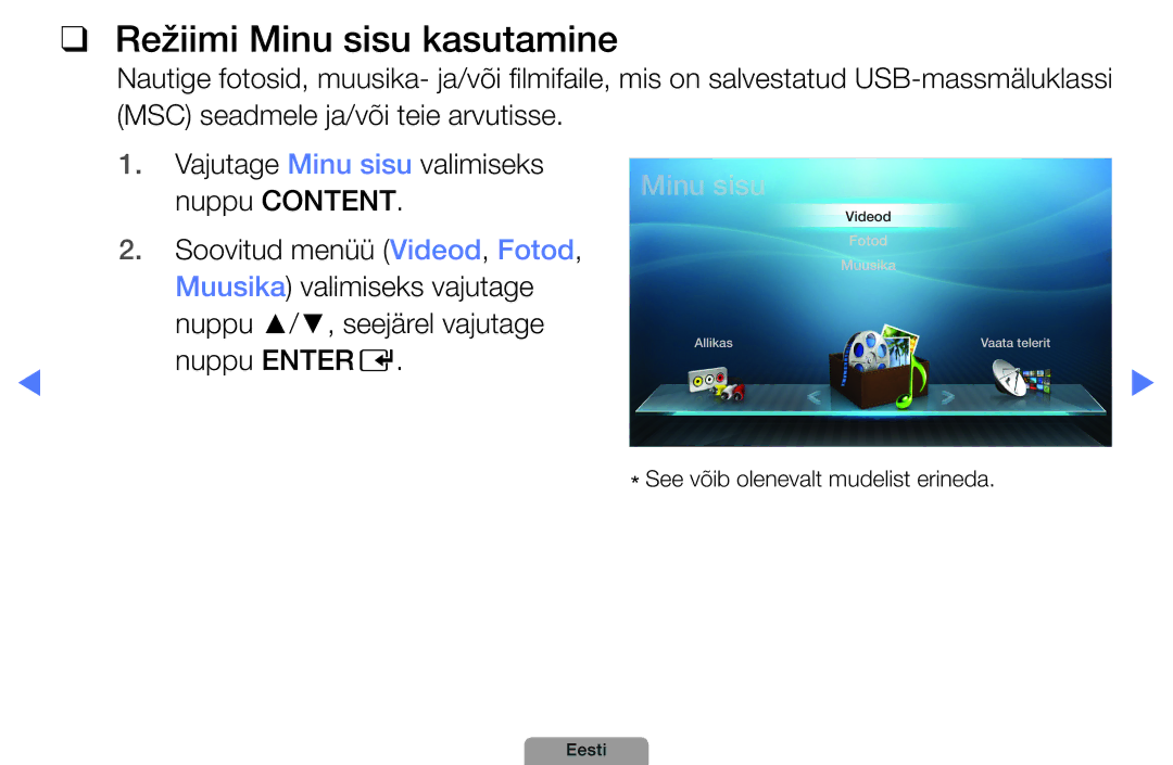 Samsung UE46D5000PWXBT, UE32D5000PWXBT, UE22D5010NWXBT, UE37D5000PWXBT manual Režiimi Minu sisu kasutamine, Nuppu Entere 