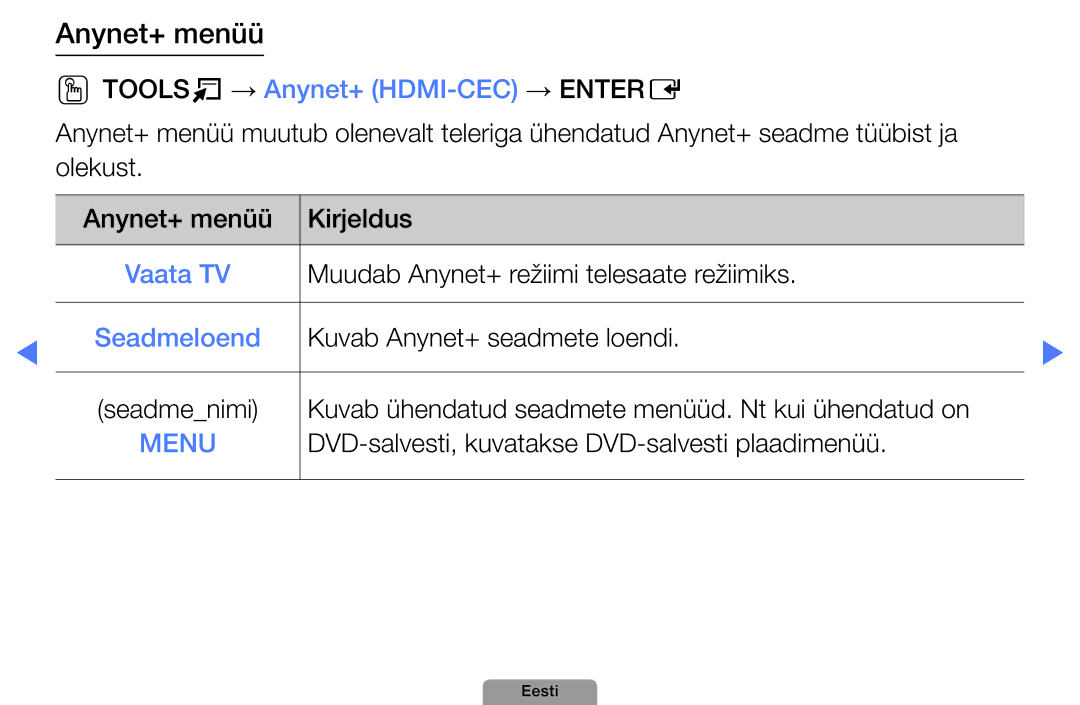 Samsung UE22D5000NWXBT, UE32D5000PWXBT, UE22D5010NWXBT, UE37D5000PWXBT Ootoolst → Anynet+ HDMI-CEC → Entere, Seadmeloend 