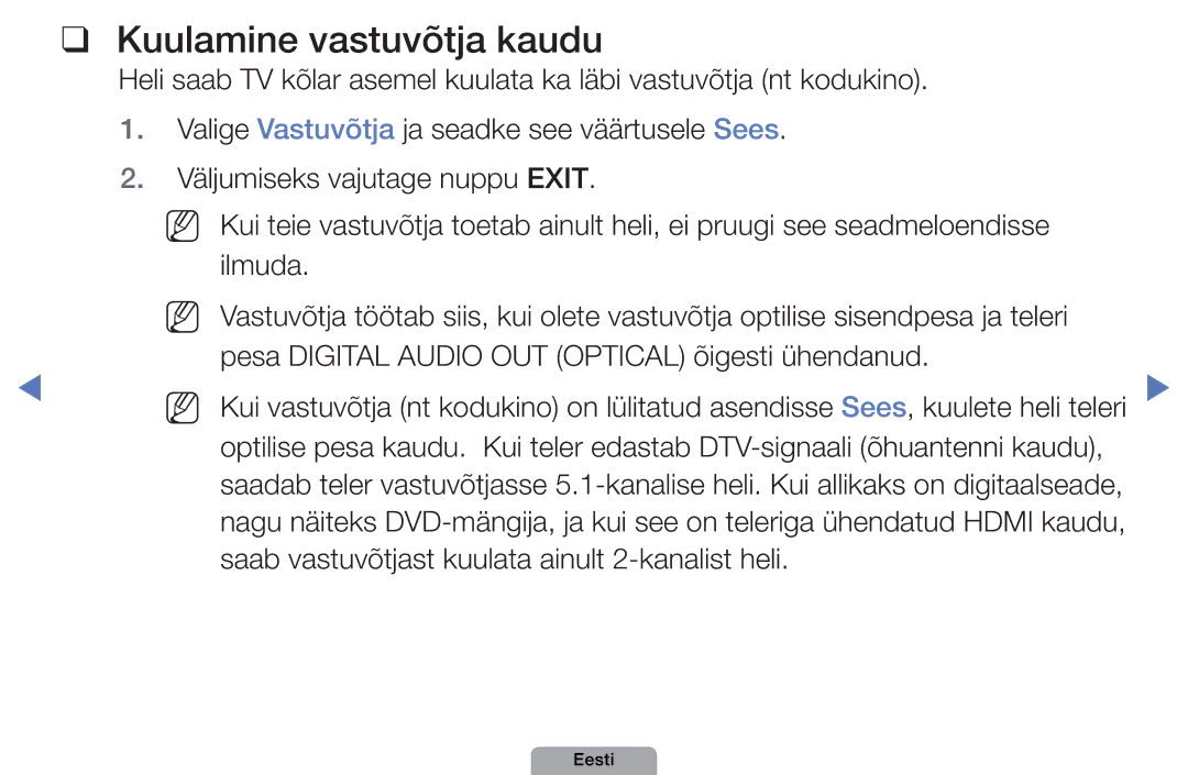 Samsung UE22D5010NWXBT, UE32D5000PWXBT manual Kuulamine vastuvõtja kaudu, Saab vastuvõtjast kuulata ainult 2-kanalist heli 