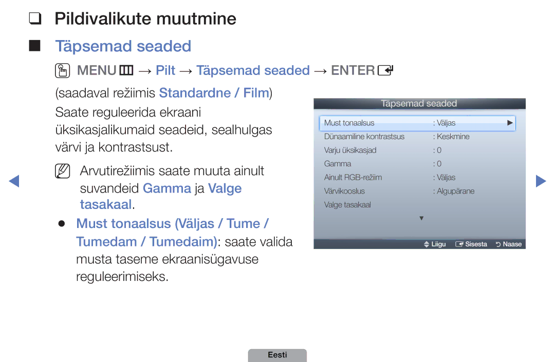 Samsung UE32D4010NWXBT, UE32D5000PWXBT manual Pildivalikute muutmine, OOMENUm → Pilt → Täpsemad seaded → Entere 