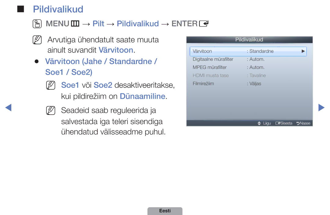 Samsung UE37D5000PWXBT manual OOMENUm → Pilt → Pildivalikud → Entere, Värvitoon Jahe / Standardne / Soe1 / Soe2 